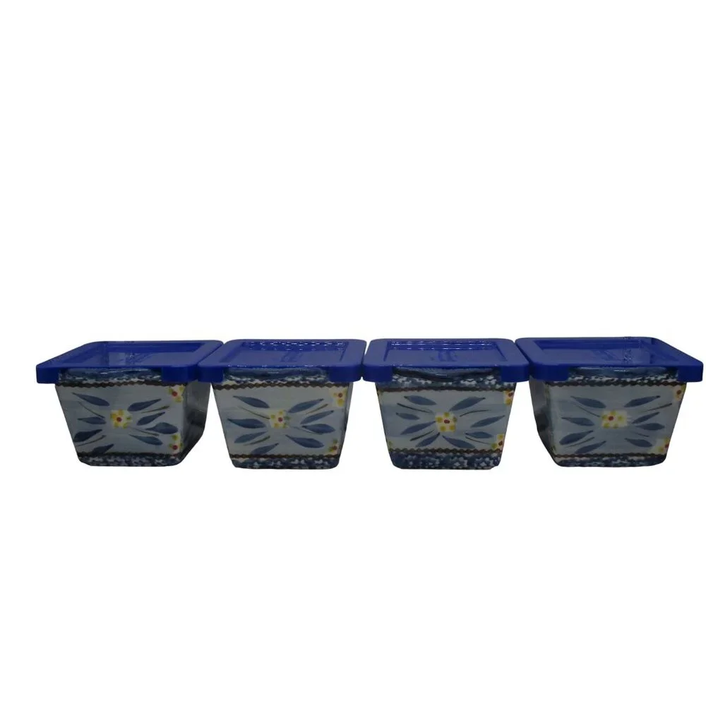 Temptations Old World Ramekins Bakeware Blue Leaf Set of 4 with Lids 4